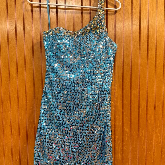 Dresses & Skirts - Blue Sequin One-Shoulder Mini Dress
